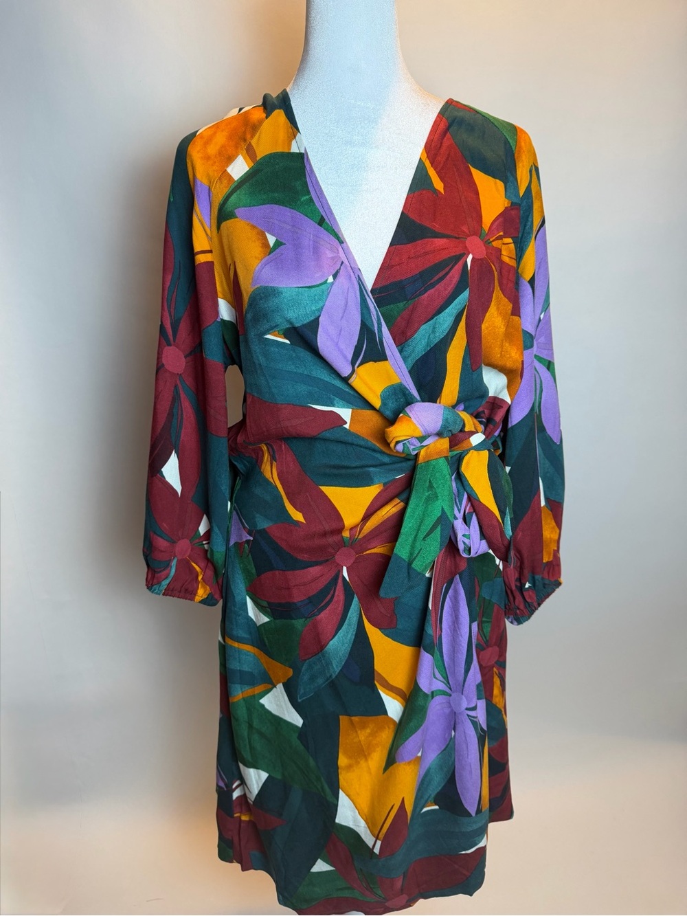 Eloquii Elements Bold Multi-Color Floral Long- Sleeve Wrap Midi Dress *flaw